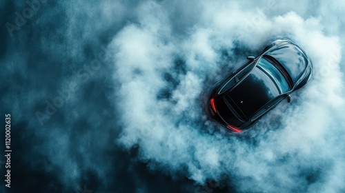 A sleek black car captured from above as it executes a circular drift, creating a dense swirl of smoke against a contrasting dark asphalt setting. photo