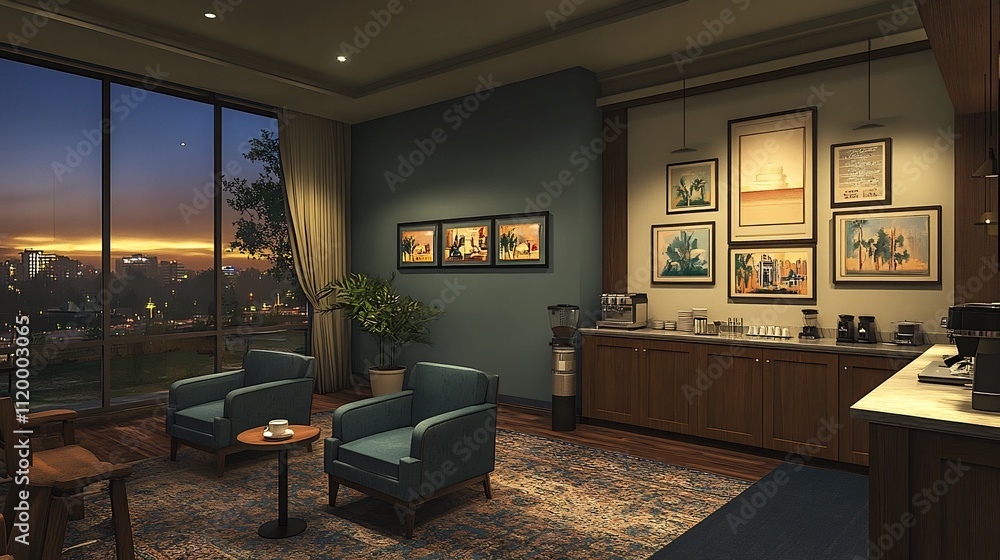 Obraz premium Evening Lounge with City View: Tranquil Relaxation in a Sophisticated Setting