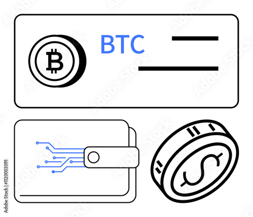 Bitcoin icon with BTC, electronic wallet with circuits, and digital coin. Ideal for cryptocurrency, blockchain technology, e-commerce, digital transactions, financial security, fintech modern photo