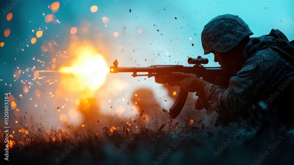 Fototapeta premium An active soldier shooting an assault rifle amidst intense battle, with vivid flame and sparks highlighting the chaotic and adrenaline-filled war environment.