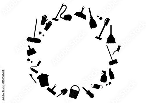 掃除道具のシルエット円形フレーム