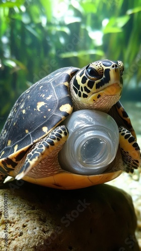A turtle resting on a rock with a plastic bottle, highlighting environmental concerns.