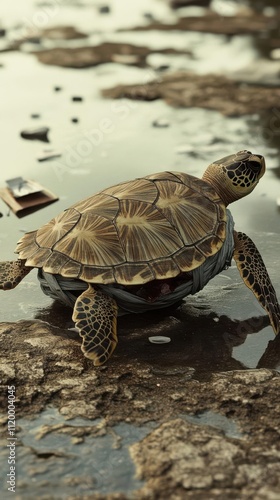 A turtle resting on a rock near water, showcasing its intricate shell patterns.