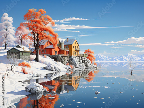 Excellent A painting of a cabin with a mountain in the background.