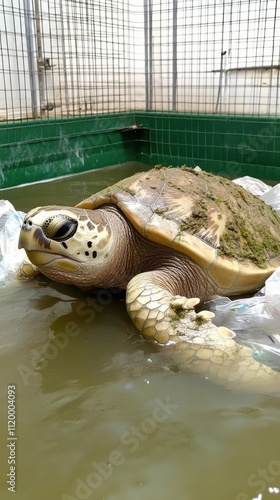 A turtle resting on a surface in a green-tinted water tank.