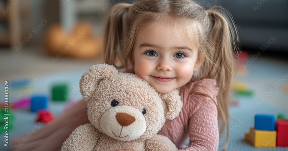 A cheerful young girl with pigtails smiles as she embraces a soft teddy bear. Around her are various colorful building blocks scattered on the floor, creating a playful atmosphere. A cheerful young girl with pigtails smiles as she embraces a soft teddy bear. Around her are various colorful building blocks scattered on the floor, creating a playful atmosphere.