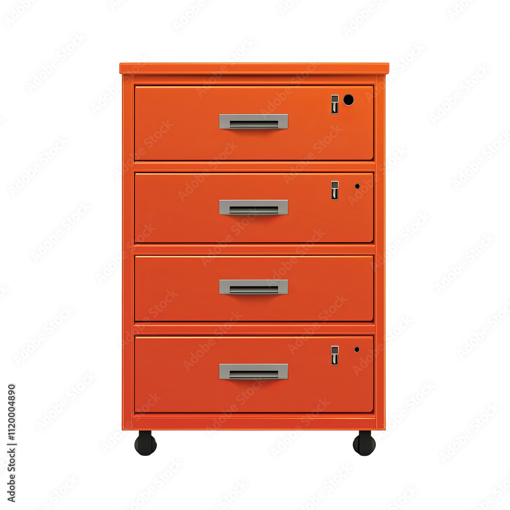 Orange metal filing cabinet with four drawers and lockable handles, designed for office or home organization Orange metal filing cabinet with four drawers and lockable handles, designed for office or home organization