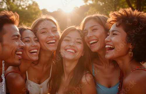 Group of friends laughing together in summer sunset