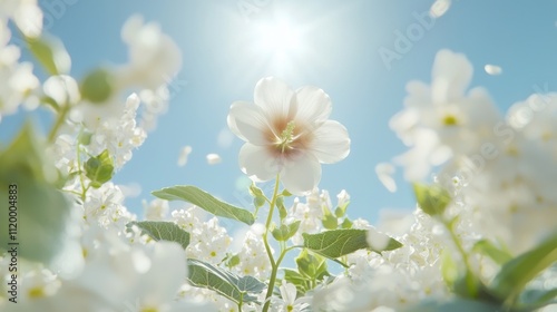 Single hollyhock flower reaching towards the sky in bright blue sky nature floral environment low angle view