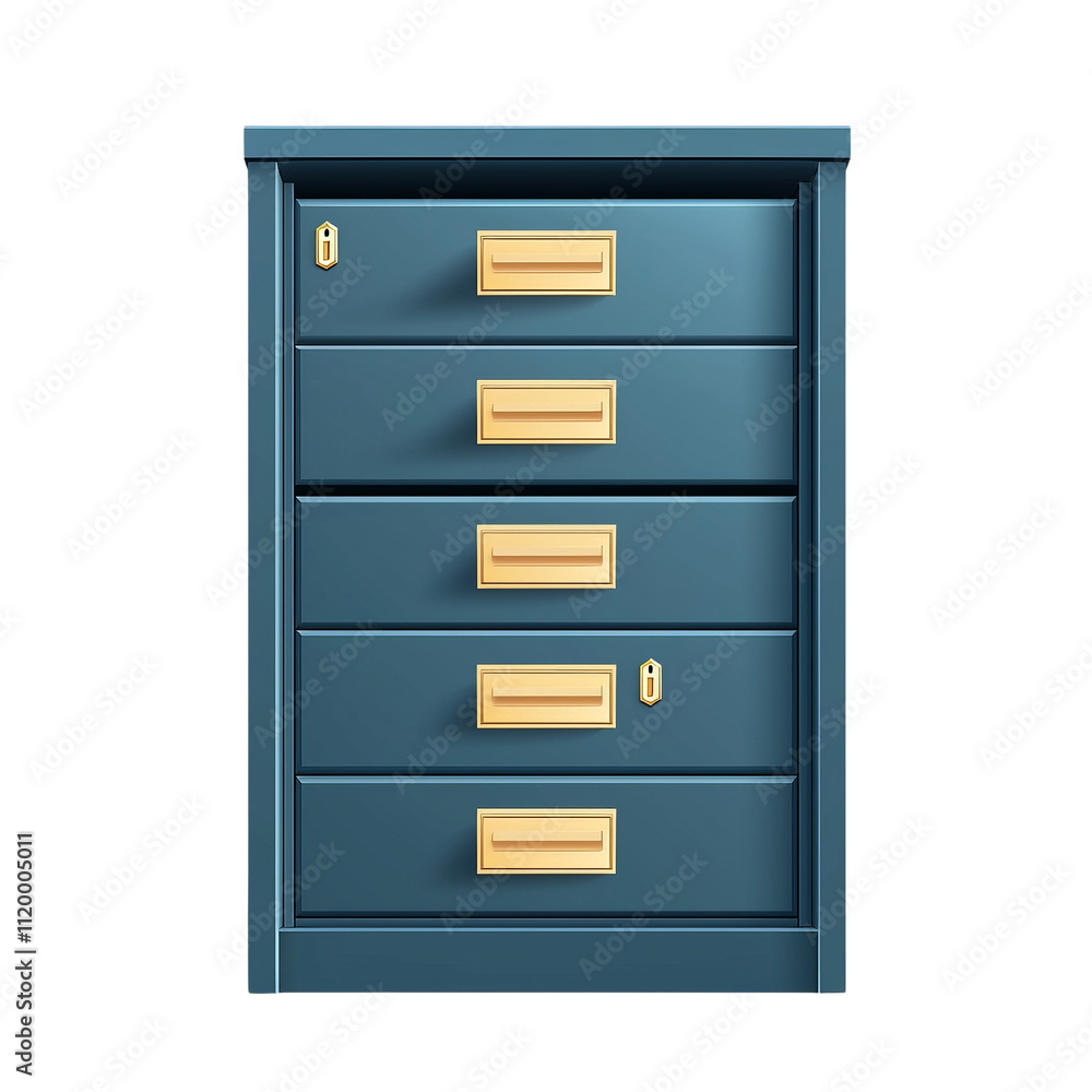 blue filing cabinet with five drawers and gold handles, featuring sleek and modern design blue filing cabinet with five drawers and gold handles, featuring sleek and modern design