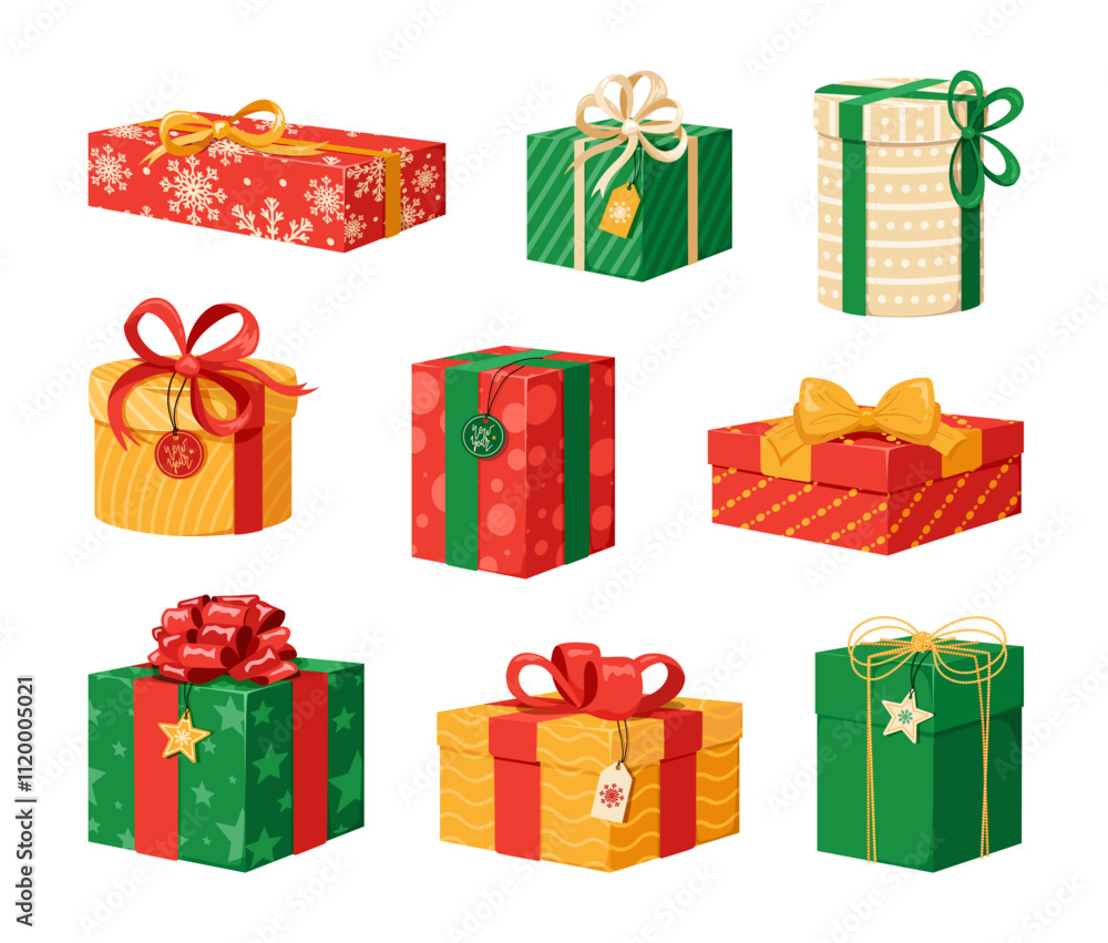 Set of Christmas colorful gift boxes with patterns and tied bows