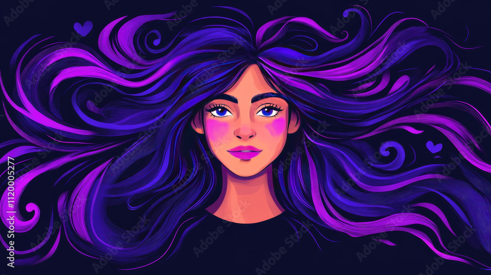 Vibrant Portrait of Woman with Flowing Purple Hair and Hearts on Dark Background Vibrant Portrait of Woman with Flowing Purple Hair and Hearts on Dark Background