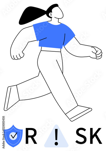 Person in motion, arms and legs emphasized, wearing blue top. Accompanied by RSK text with shield and exclamation icons. Ideal for safety campaigns, risk awareness, business, personal growth