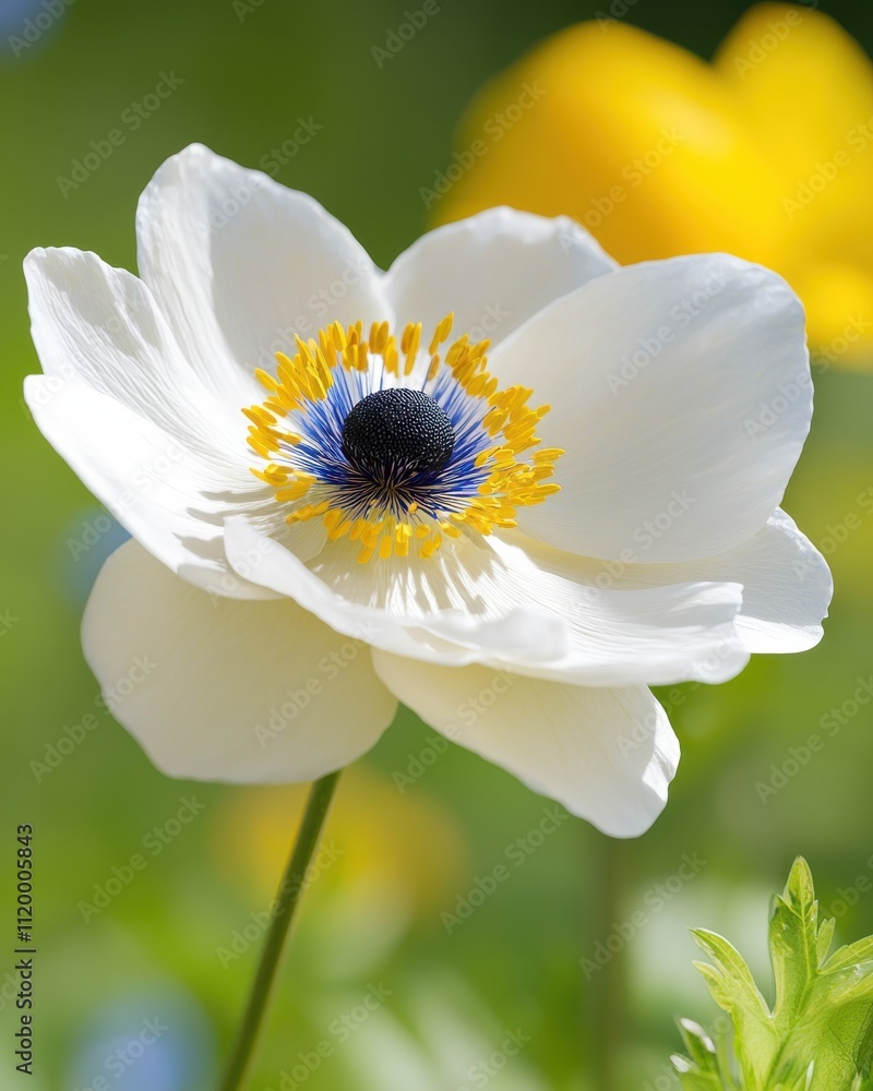 Single anemone flower in vibrant garden setting nature bright background close-up view floral beauty Single anemone flower in vibrant garden setting nature bright background close-up view floral beauty