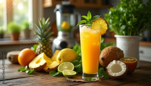 Refreshing Tropical Delight! A vibrant blend of pineapple, coconut, and citrus, perfectly chilled and garnished with mint. Enjoy summer in a glass!