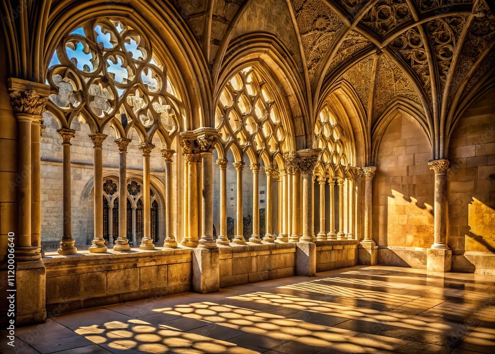 Fototapeta premium Shadow Play: The Intricate Gothic Arch Reflection on the Weathered Cloister Wall of the Majestic Cathedral of Segovia, Capturing Timeless Architectural Beauty and History