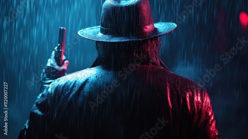 A detective stands in the rain, gripping a gun, under moody red and blue lighting, wearing a hat and coat, evoking a sense of suspense and mystery. photo