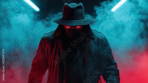 A sinister masked figure dressed in a hat and coat stands illuminated by blue and red haze, eyes glowing, creating a scene of fear and suspense. photo