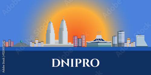 City skyline of Dnipro in Ukraine. Silhouette of the city of Dnipro.. Vector illustration.