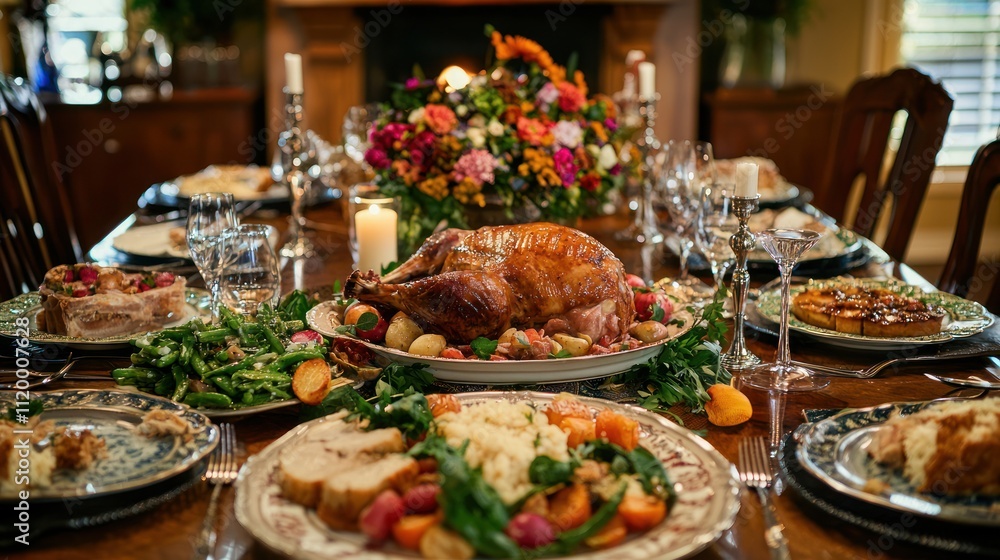 Photograph a beautifully set dinner table with a main dish and various side dishes arranged around it, illustrating a well-balanced meal with appropriate accompaniments