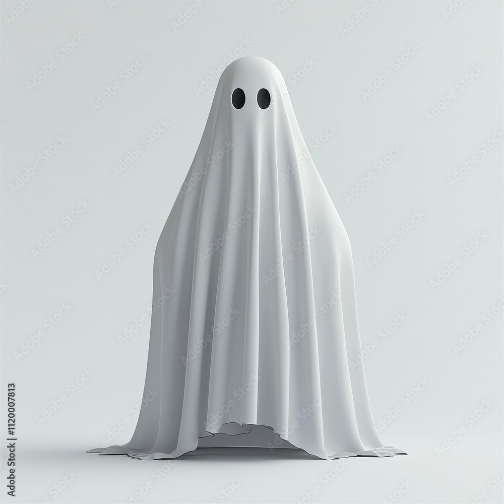 Minimalistic Ghost in Classic White Sheet Costume With Playful Eyes on Isolated White Background Minimalistic Ghost in Classic White Sheet Costume With Playful Eyes on Isolated White Background