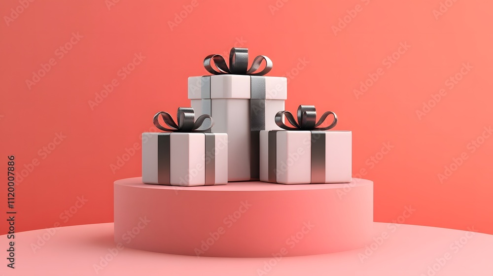 Elegant White Gift Boxes with Black Ribbons on Pink Pedestal Elegant White Gift Boxes with Black Ribbons on Pink Pedestal