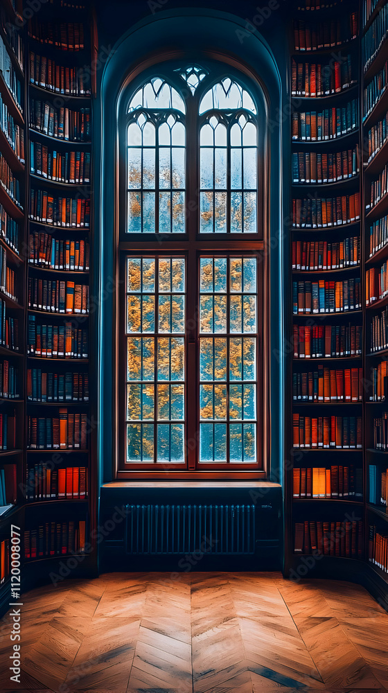 Library Window Illustration: Bookshelves and Autumn View Library Window Illustration: Bookshelves and Autumn View