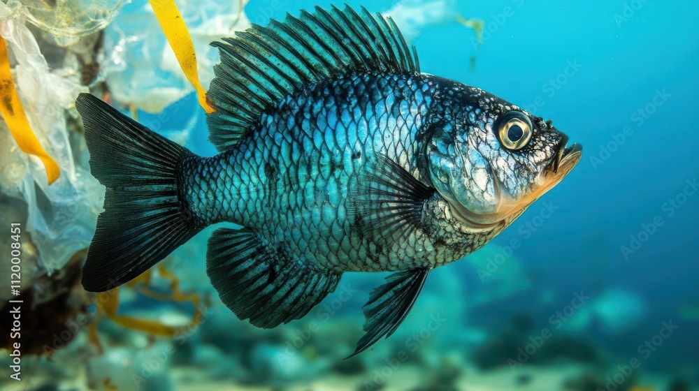 A vibrant fish swimming near underwater vegetation. A vibrant fish swimming near underwater vegetation.
