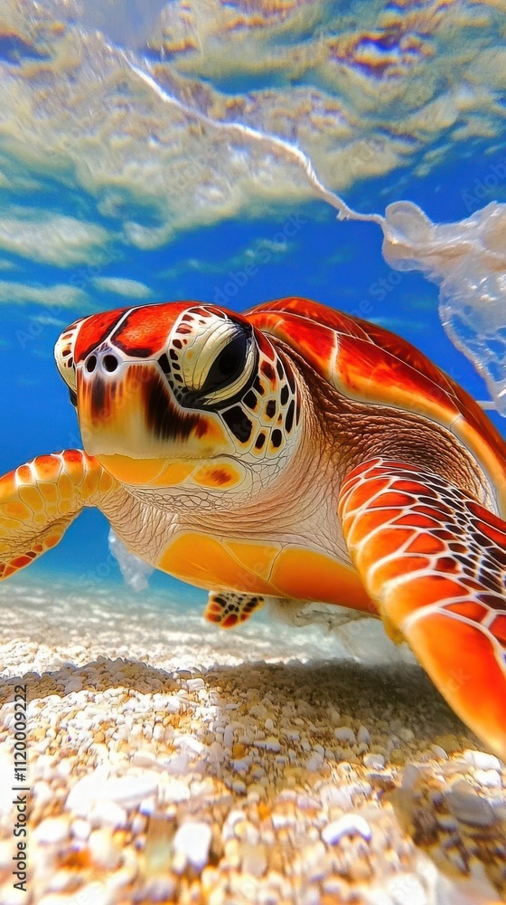 Fototapeta premium A vibrant sea turtle swimming gracefully underwater in a clear blue ocean.