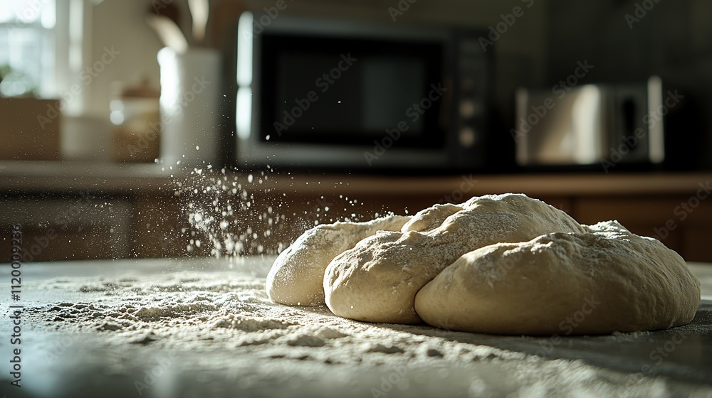 Beating bread dough on the back of a microwave cabinet Beating bread dough on the back of a microwave cabinet