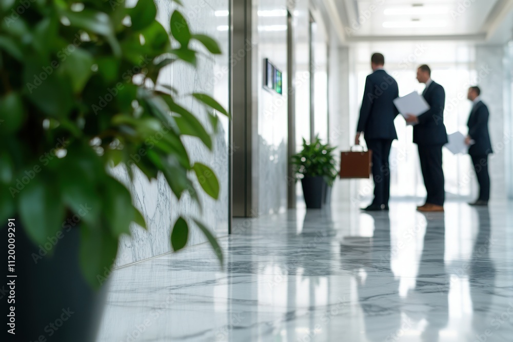 Three business professionals discuss strategy in a modern office lobby, showcasing collaboration and professionalism. Three business professionals discuss strategy in a modern office lobby, showcasing collaboration and professionalism.