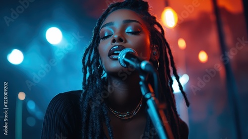 A musician with dreadlocks sings soulfully into a microphone under orange stage lights, creating an intimate and powerful emotional connection through music. photo