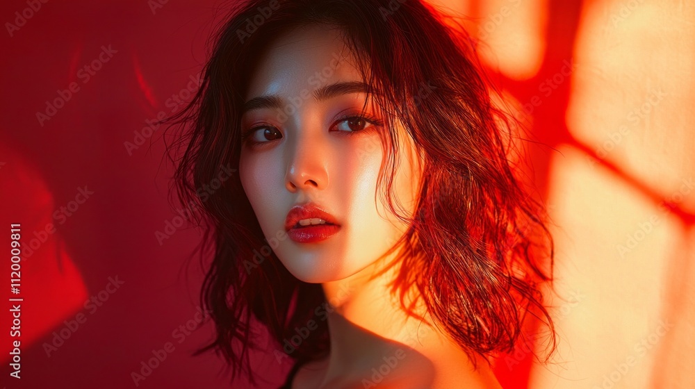 An elegant portrait showcases a young Asian woman, her wavy hair softly illuminated by warm light An elegant portrait showcases a young Asian woman, her wavy hair softly illuminated by warm light
