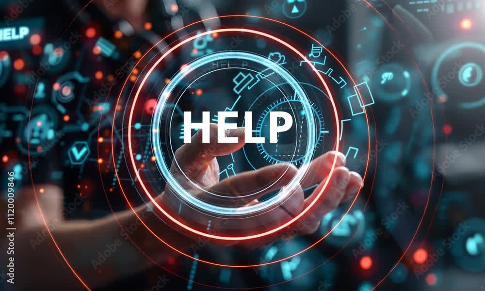 Hand interacting with a futuristic help interface. Hand interacting with a futuristic help interface.