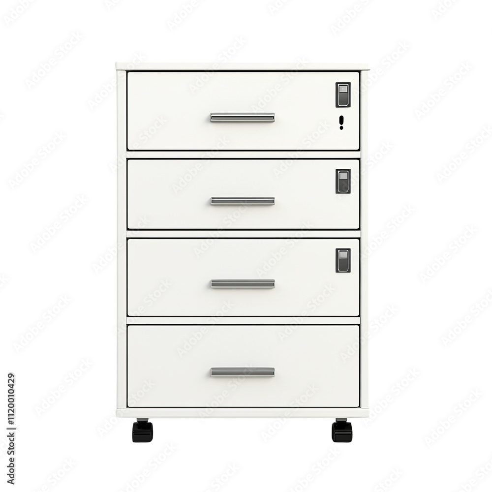 White metal filing cabinet with four drawers, lockable compartments, and modern handles, ideal for office organization White metal filing cabinet with four drawers, lockable compartments, and modern handles, ideal for office organization