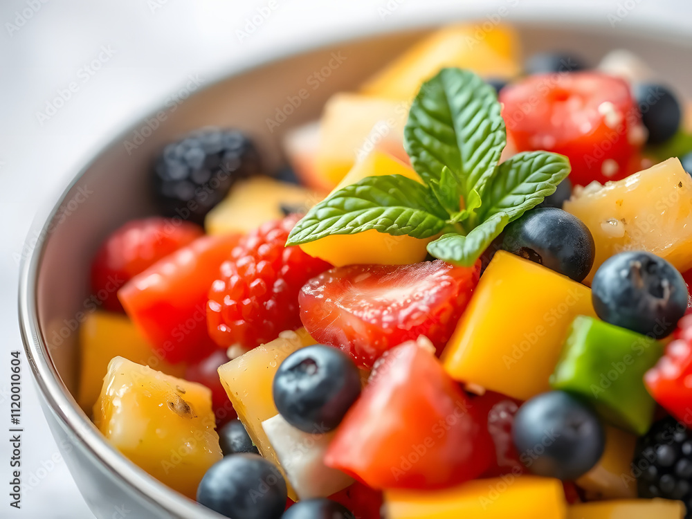 vibrant fruit salad with colorful berries, tropical fruits, and a mint garnish served vibrant fruit salad with colorful berries, tropical fruits, and a mint garnish served