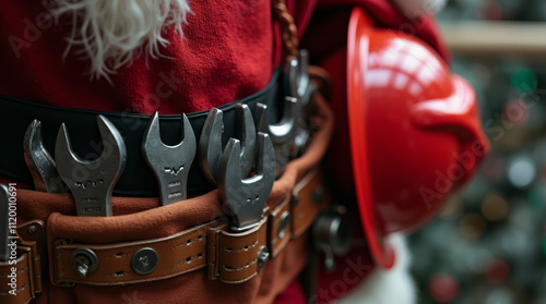 Close-Up of Santa’s Toolbelt Filled with Wrenches, Screws, and Bolts photo