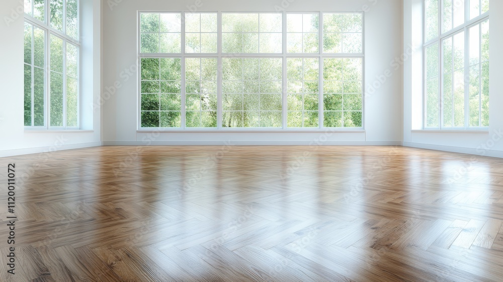 An elegant empty space with polished parquet flooring and large windows, highlighting the room's spaciousness and inviting natural light to create a tranquil atmosphere. An elegant empty space with polished parquet flooring and large windows, highlighting the room's spaciousness and inviting natural light to create a tranquil atmosphere.
