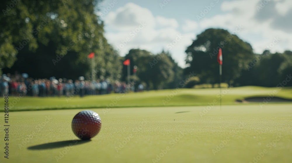 A golf ball on the green ready to roll into the hole with a sunny sky and crowd in the background watching the game.
