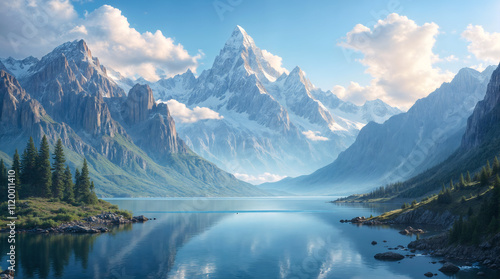 Wallpaper Mural Breathtaking Mountain Landscape with Serene Lake and Majestic Peaks Under a Clear Sky Torontodigital.ca