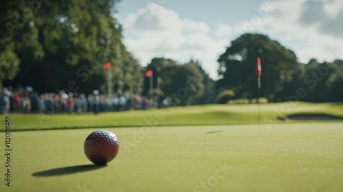 Obraz na płótnie A golf ball on the green ready to roll into the hole with a sunny sky and crowd in the background watching the game. w salonie