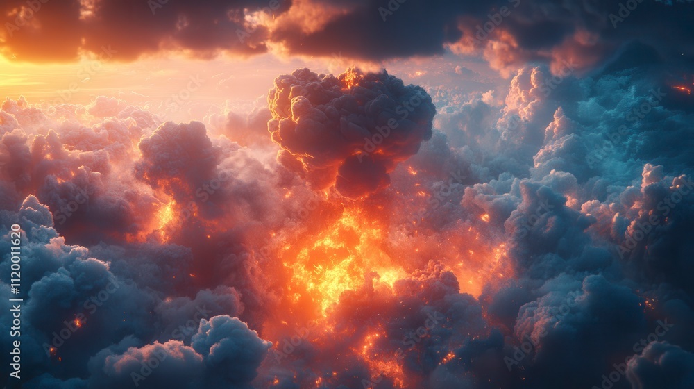Fiery Cloud Explosion Dramatic Sunset Sky Inferno Apocalyptic Cloud Burst Fiery Cloud Explosion Dramatic Sunset Sky Inferno Apocalyptic Cloud Burst