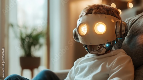 A boy lounges on a couch wearing a robotic mask with glowing eyes, illustrating the fusion of technology and youthful imagination in a relaxed home setting. photo