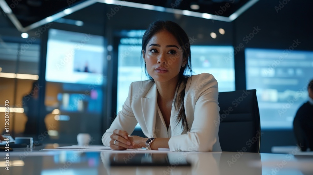 Focused businesswoman in a modern office, thoughtfully analyzing data and trends on a computer screen. Focused businesswoman in a modern office, thoughtfully analyzing data and trends on a computer screen.