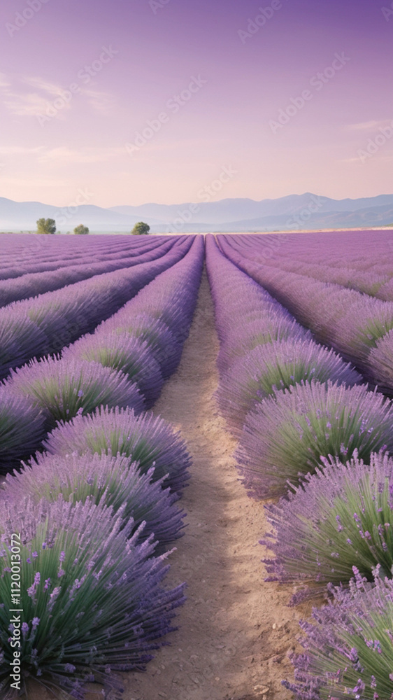 A vertical background featuring a lavender field in soft purple tones fading toward the horizon A vertical background featuring a lavender field in soft purple tones fading toward the horizon