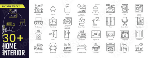 Home Interior Stroke icon collections. Containing Lamp, Interior, Home Decoration, Table, Shower, Stairs, Rug, Cabinet, Desk Lamp, and Interior Design icons. Editable Stroke icon collection Outline