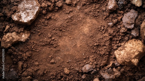 Earthy terrain showing a detailed surface of soil integrated with various rocks, emphasizing fractal patterns and the rugged beauty of natural geology.
