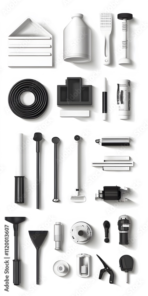 Fototapeta premium Theme: Architecture and Construction, Icon Set, Shapes, Objects, Black and White, on White Background, Abstract Image, Texture, Pattern Background, Wallpaper, Cover and Screen of Smartphone, PC, Lapto
