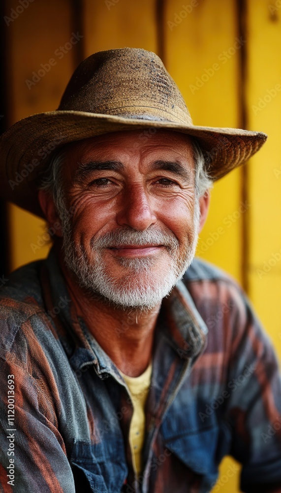 A cheerful man in a straw hat smiles warmly, exuding happiness. A cheerful man in a straw hat smiles warmly, exuding happiness.