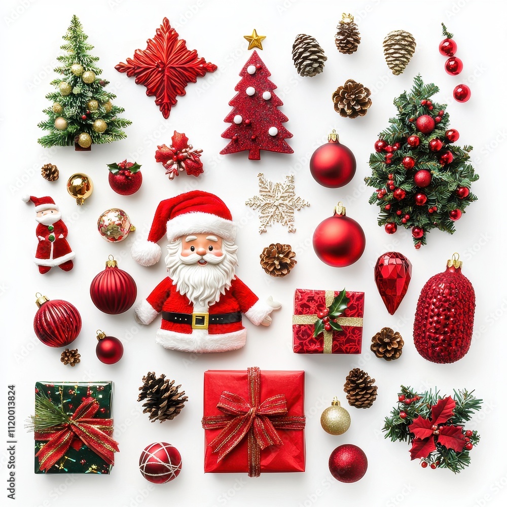 Christmas Decorations with Santa, Ornaments, and Gifts on White Background for Holiday Cheer Christmas Decorations with Santa, Ornaments, and Gifts on White Background for Holiday Cheer